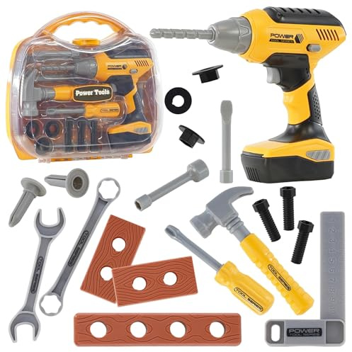 The Magic Toy Shop 20 Piece Kids Tool Set with Carrying Case - Toy Tool Kit with Electric Drill, Hammer & Screwdriver, Light & Sound, Educational Role Play - Children's Pretend Play & Early Learning