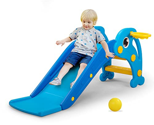 NYEEKOY 3-in-1 Kleinkinder-Rutsche, Baby-Rutsche für Kleinkinder 1–3 Jahre | Faltbare Kinder-Rutsche mit Basketballkorb und Ball, Indoor- und Outdoor-Spielplatz für Kinder