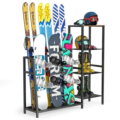 Maonlyking Freestanding Snowboard Rack - Ski Holders for 4 Pairs of Ski, 3 Pack Snowboard, Boot, Pole, Goggles, Helmet and More, Heavy Duty Steel Floor Stand Ski Organizer for Garage, Shed, Keller