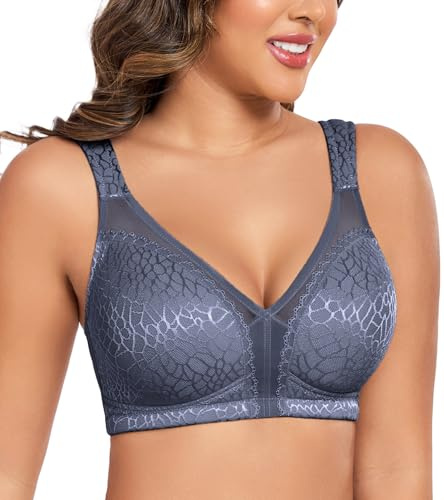 Curyon Plus Size Everyday Bras for Women Minimizer Full Coverage Non Padded Wirefree Grey Blue 44C