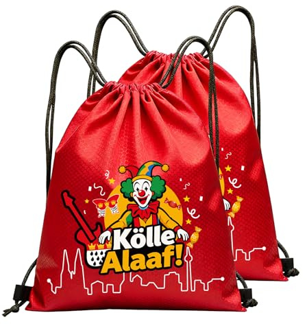 Oizemori 2 Stück Karneval Turnbeutel Kölle Alaaf Rucksack Clown Motiv | Roter Kordelzugbeutel aus Fußballstoff, Fasching Tasche 42x33cm für Party & Karneval