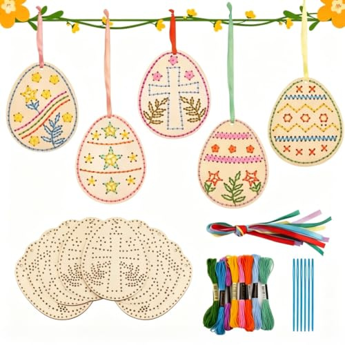 Joxessaien 10 Stück Ostereier zum Basteln, 5 Stile Ostern Kreuzstich Bastelset aus Holz, Osterdeko Selbst Basteln, Ostern Sticksets für Kinder, Ostergeschenke für Kin