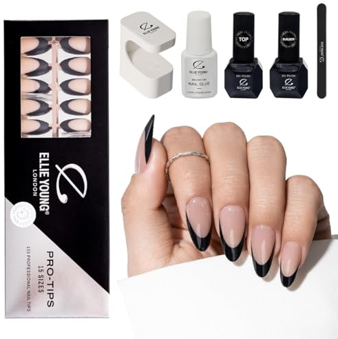 Ellie Young 150pcs Press On Gel Nails French Tip Pre-made, PROTIPS Black Medium Almond Nail Tips, 15 Sizes, Soft Gel Nail Extensions for Easy DIY Party Wedding (SET)