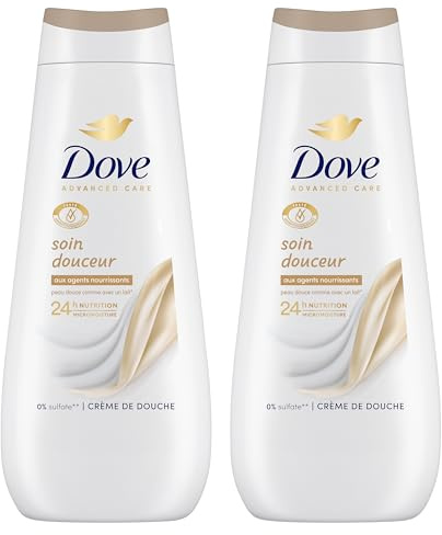 DOVE Gel Douche Soin Douceur 0% Sulfate 2x400ml | Nourrit et Prend Soin des Peaux Sèches, 24h Sensation Peau Douce Comme un Lait Corporel, Testé Dermatologiquement