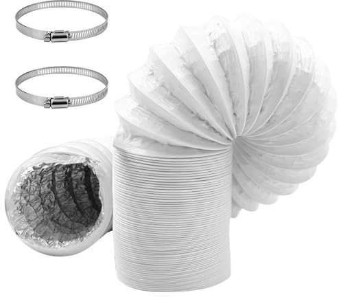 Vidoxdu 4inch x 10ft(3M) Air Conditioning Duct Hose, 100mm Flexible PVC Aluminium Ventilation Pipe with 2 Clamps for Tumble Dryer, Cooker Hood, Extractor Fan, Air Condition - White