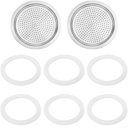 Posheliox Arandelas de goma de silicona para 3 tazas, juego de piezas de repuesto con 2 filtros y 6 juntas para estufa, cafetera italiana, repuestos (6 tazas)