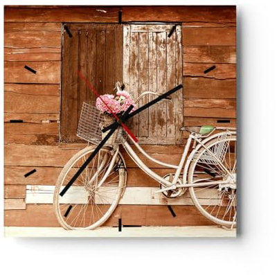 Modern Wanduhr Fahrrad Blume Korb alt 30x30cm Quadrat Klein Wand Uhr Glas Analog Zimmeruhren Küche Büro Wohnzimmer Glasuhr Wall Clock Dekoration Design Wanddekoration Küchenuhr C3AC30x30-2954
