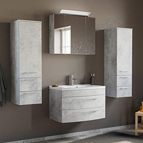 Lomadox Komplett Badmöbel Set in Beton-Optik mit 80cm Keramik-Waschtisch & LED-Spiegelschrank