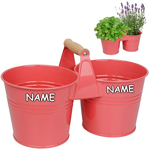 alles-meine.de GmbH 4 Stück doppelte 2er - Metall - Blumentöpfe/Pflanzkübel/Pflanzschale - mit Holzgriff/Henkel - rosa/lachs/pink - inkl. Name - 34 cm - RUND - frosts..