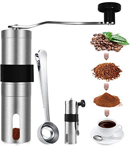 RZJZGZ Moulin à café manuel en acier inoxydable avec réglage réglable, petite machine à café domestique avec fenêtre visible, portable et lavable (avec clip cuillère à café) (4,8 x 21,1 cm)