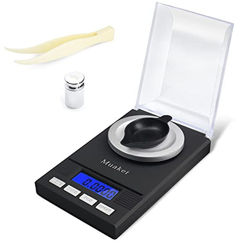 Digital Milligram Scales 0.001 g/50 g, Muaket Micro Kitchen Scale with LCD Display, High Precision Electronic Jewellery Scales, Portable Mini Scale with Calibration Weights, Tweezers and Weighing Pans