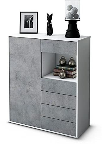 Stil.Zeit Highboard Loredana, Korpus Weiss matt, Front Industrie-Design Beton (92x108x35cm), Push-to-Open Technik & Leichtlaufschienen