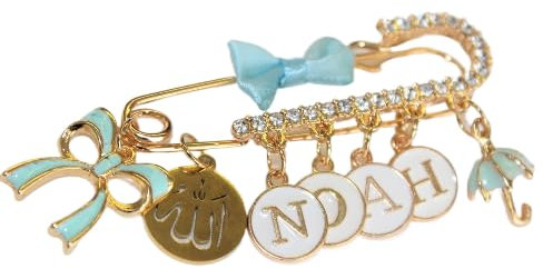 Baby Stecknadel mit Namen Anstecknadel Brosche personalisierte Baby Geschenk Glücksbringer Kinderwagen PIN in Gold Strass Hell Blau Islam mit Allah