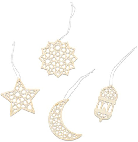 Papierdrachen 12 Holz Anhänger zu Ramadan - Dekoration Eid Mubarak - Deko Zuckerfest zum Aufhängen - naturbraun - 7x7cm - 4 Verschiedene Designs je 3X