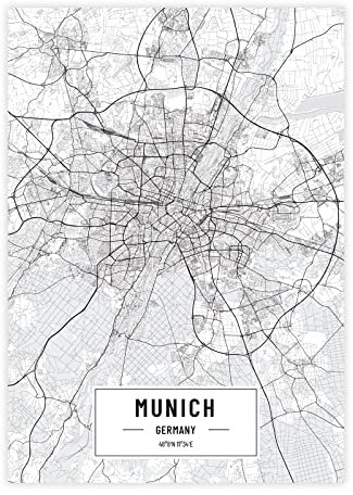 Petra Pan Städteposter München in schwarz-weiß · Wandbild mit Stadtplan · DIN A4 (21x29,7cm) · als Deko oder Geschenkidee · Var. F