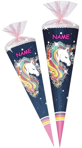 alles-meine.de GmbH Schultüte mit Glitzer - Effekt ! Einhorn - Regenbogen Mähne 70-100 cm Größe wählbar inkl. Name - Zuckertüte - Tüllabschluß/Filzabschluß - eckig ..