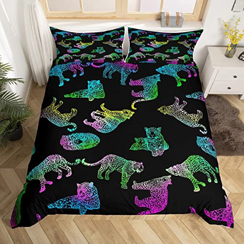 Homemissing Leopard Parure de Lit 140x200cm Filles Leopard Housse de Couette Fluorescent Vert Rose Bleu Decor Parure Housse de Couette Wild Animal Fashion avec 1 taie d'oreiller 2 pièces