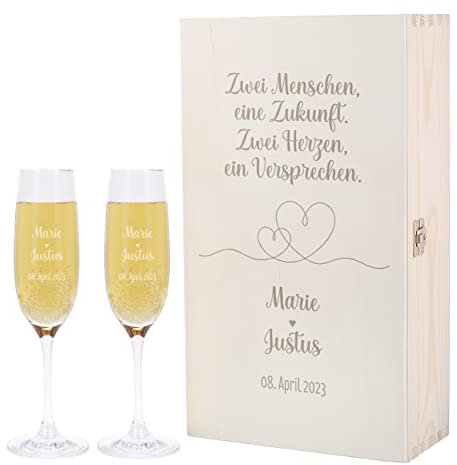 Herz & Heim® Geschenkset zur Hochzeit -Zwei Herzen, ein Versprechen- mit Sektgläsern und Geschenkbox, personalisiert