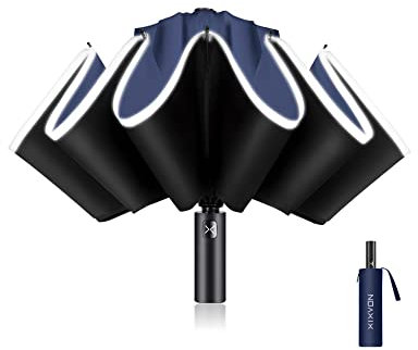 XIXVON Paraguas Pro (10 Varillas, Azul) | UPF 50+ 99% De ProteccióN UV, Banda De Seguridad Reflectante, Resistente Al Viento, PortáTil, AutomáTico | Paraguas Plegable Inverso