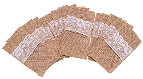Lobamop 75 StüCk Sackleinen Spitze Besteck Beutel Rustikale Hochzeit Geschirr Messer Halter Tasche Hessische Tisch Dekoration ZubehöR
