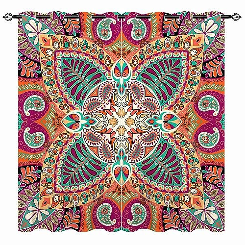 YUANZU Boho Vorhänge Mädchen Ethnische Bunte Indische Blume Ösen Gardinen mit Blickdichte Vorhang Kälteschutz Blackout Curtain Wohnzimmer Schlafzimmer Verdunkelung Fenster, 2 Stück, H 114 x B 132 cm