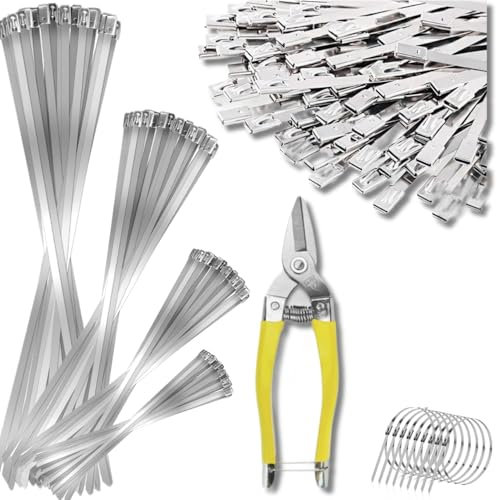 150 Pieces Cable Ties Stainless Steel with Pliers,Goethe Garden Cable Ties 7.9 * 300/250/200/150mm,Cable Tie Stainless Steel Set,Uv Resistant,Removable,for Cable Bundling,Fixed Fence