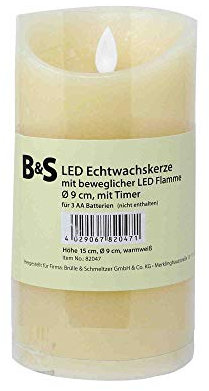 B & S LED Echtwachskerze rund bewegliche Flamme und Timer (H 15 x Ø 9 cm)