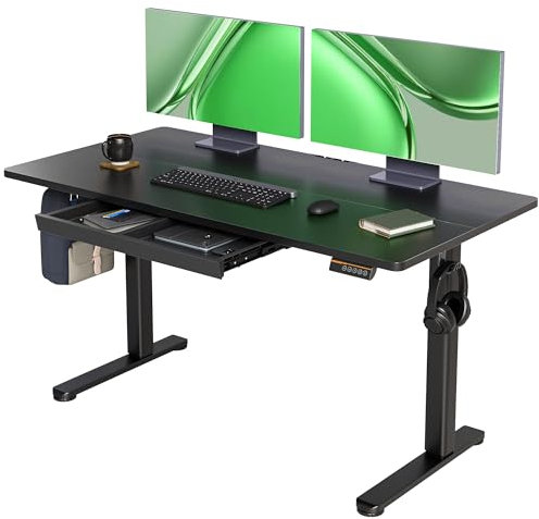 Claiks Höhenverstellbarer Schreibtisch 140x60cm mit Schublade, 80kg Tragkraft Elektrisch Schreibtisch Höhenverstellbar mit 3-Funktions-Memory und 2 Kopfhörerhaken, Standing Desk with Drawer, Schwarz