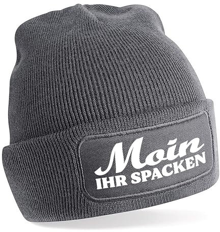 Beanie Strickmütze mit Spruch | Moin Ihr Spacken | grau | Unisex SoftTouch angenehm weiche und warme Wintermütze | OneSize Einheitsgröße für Erwachsene