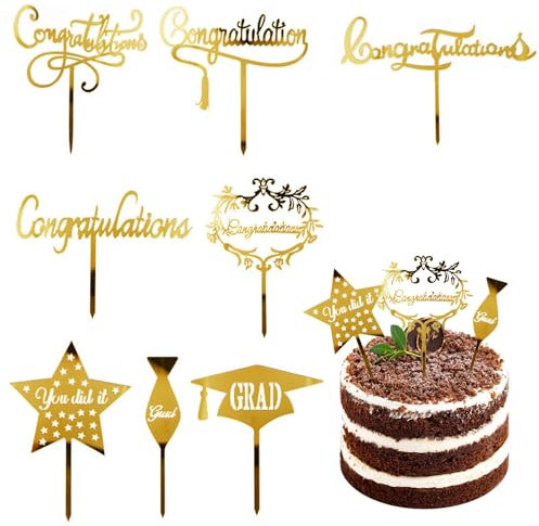 ALEGRE Abschluss Tortendeko Gold Graduation Cake Topper,8 Stück Grade Cap Kuchendeko Acryl,Graduation Congratulation Kuchen Deko,You Did It Tortenaufleger für Abschlussfeier,2024 Graduation Party