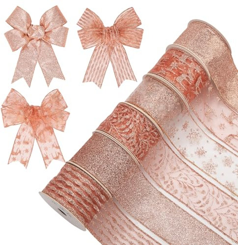 6 Rollen 30 Yard Weihnachten Band Dekorationen Weihnachtsbaumband Geschenkbox Verpackungsband Glitzer Weihnachtsbänder Schleifenband für Geschenk Weihnachtsbaum Dekoration, Rose-Gold