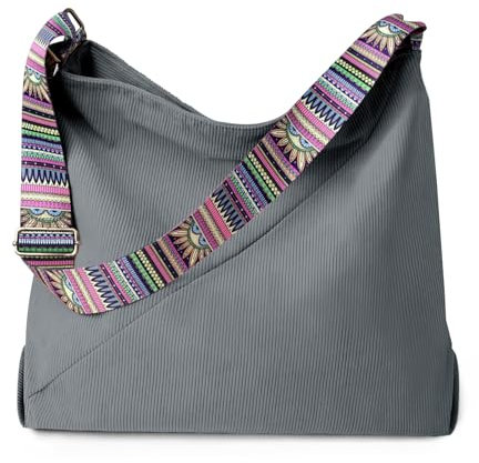 Asnews Cord Umhängetasche, Große Handtasche mit Reißverschluss, Shopper Tasche Tote Bag, Crossbody Bag mit Bunte Riemen für Damen & Mädchen