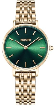 BURKER Damenuhr Ruby Petite, Runder Damen Armbanduhr Klassisch Analog Wasserdicht 3 ATM Geschenk für Frauen Geburtstag Valentinstag - Gold Grün - 28 mm