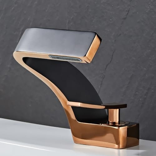 XJTNLB Bathroom Tap Waterfall Basin Taps Mixers Bathroom Sink Brass, Single Lever Bathroom Sink Taps Mixers Black + Rose Gold