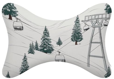 WYUSPGK Auto Nackenkissen, Skilift mit Tannenbaum Druck Auto Kissen 2er Set Memory Foam Auto Kopfstütze Kissen Reise Nackenkissen