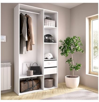 Befara Armario VESTIDOR con CAJONES Y ESTANTES Patrick, Blanco/Natural, 98 x 45 x 205 cm, Armario vestidor con cajones sin Puertas de 98 x 45 x 205 cm. Blanco. Trasera Reversible