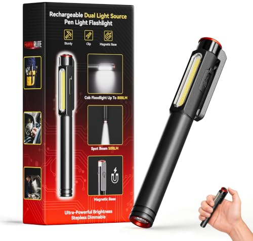 Favourlite Rechargeable Pen Light with Magnetic Clip | 800 Lumens LED Pen Flashlight,6 Modes COB Work Light , Dimmable Pocket Flashlight for Mechanic & Car Repair