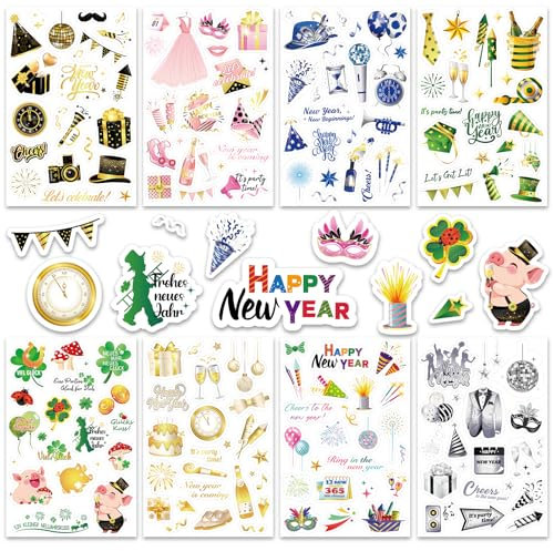 DPKOW 24 Blatt Neujahr Sticker Set Glücksbringer Silvester Aufkleber Frohes neues Jahr Viel Glück Sticker Glücksbringer Glücksschwein Kleeblatt Aufkleber zur Scrapbook Bullet Journal Fotoalbum
