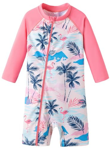 UMELOK Baby Badebekleidung Mädchen Langärmelige Rash Guard Schwimmanzug uv Schutz One Piece mit Sonnenhut Rosa Flamingo 68