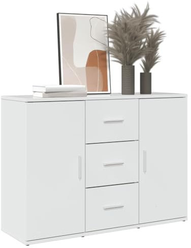 Myheimly Sideboard, Kommode mit Schubladen Türen Griffen, Beistellschrank für Wohnzimmer Flur, Anrichte Highboard Hochglanz-Weiß 90,5x29,5x65 cm Holzwerkstoff