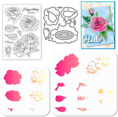 GLOBLELAND Rosen Blättern Stamps Stanzschablone für die Kartenherstellung Blumen Blättern Silikonstempel Stanzschablone Geschichtet PET Malschablonen Für DIY Scrapbooking Bastelalben Zubehör