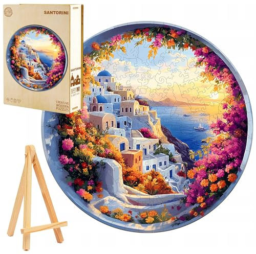 PASJO Holzpuzzle für Erwachsene 3D Puzzle Santorini-Motiv 300 Einzelteile Holzbox und Mini-Staffelei Wooden Puzzle