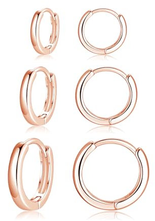 ankbrats 3 Pairs Sterling Silver Hoop Earrings for Women, Rose Gold Small Huggie Hoop Earrings Set, Hypoallergenic Sleeper Earrings 8/10/12mm