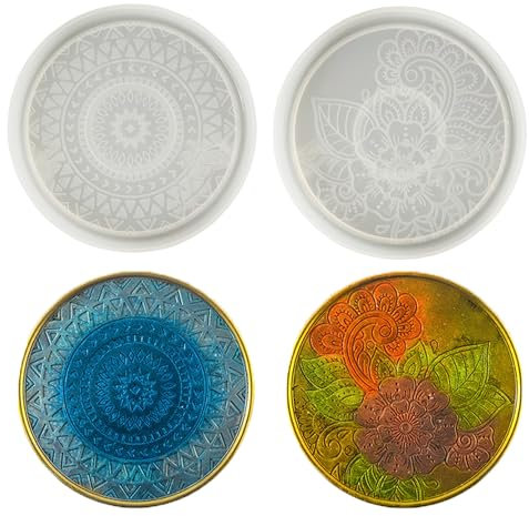 duoyif Moule Resine Epoxy Sous-Verres 2 Pièces, Moule Silicone Resine Epoxy Mandala Rond Motif Floral, Moules De Coulée Bricolage Pour Créer Sous-Verres Art Et Dessous de verre à café (Fleur b)