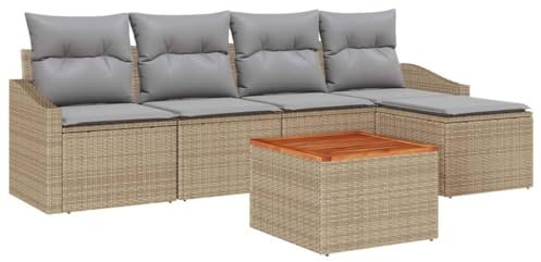 vidaXL 6-teilige Gartensofagarnitur mit Kissen in Beige aus Poly Rattan und Akazie – modulares, stylisches Outdoor-Sitzmöbel für Balkon und Terrasse im modernen Lounge-Design.