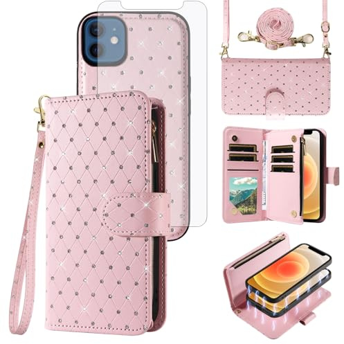 Asuwish Compatible with iPhone 12 Mini 5.4 Wallet Case Zipper Cell and Screen Protector Crossbody Strap Glitter Flip Card Holder Phone Cover for iPhone12mini 5G i 12s iPhone12 12mini Women Rose Gold