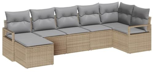 vidaXL Garten-Sofa-Set 7 pcs Beige Poly Rattan, Garten Sofa Set, modulares rechteckiges Design, verstellbare Füße, wetterfestes Rattan, modernes Lounge-Möbel