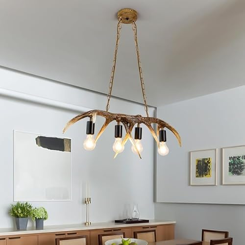 DOCJX Retro Geweih Kronleuchter Pendelleuchte Aus Harz & Glas Höhenverstellbarer Hirschgeweih-Deckenleuchte Im Landhausstil Für Esszimmer, Wohnzimmer Schlafzimmer Antik-Look Hängelampe Mit E14(B)