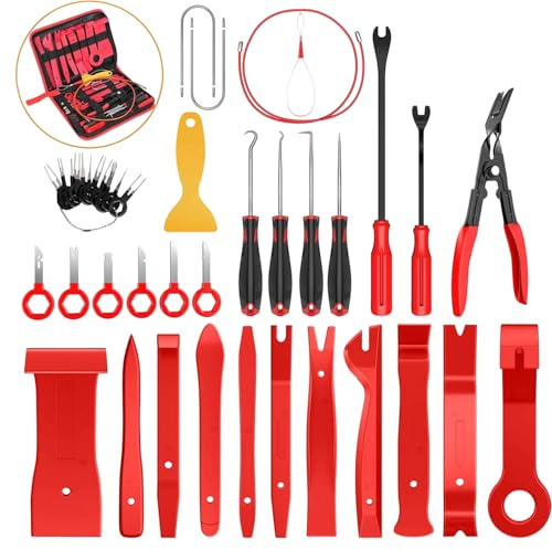 Car Trim Removal Tool Kit, 38Pcs, Auto Body Dash Dashboard Interior Removing Tools Door Panel Clip Pliers, Automotive Repair Plastic Pry Prying Tools Hook Pick Set, Radio & Door Panel Removal (Red)