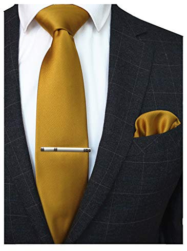 JEMYGINS Herren Hochzeit Krawatten und Einstecktuch krawattenklammer Set einfarbig in verschiedenen Farben, Gelb, M